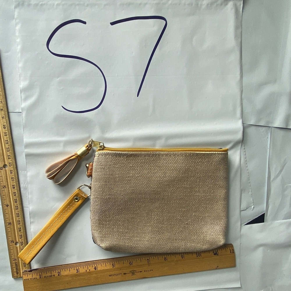 Small Clutch Wristlet Makeup‎ Bag Tan Canvas Zipper Pouch
